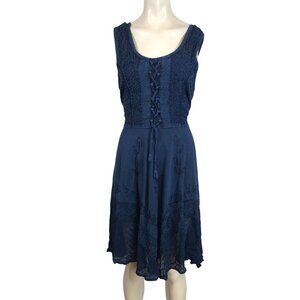 SAKKAS - WOMEN'S L/XL - NAVY 100% RAYON SLEEVELESS ROUND NECK EMBROIDERED DRESS